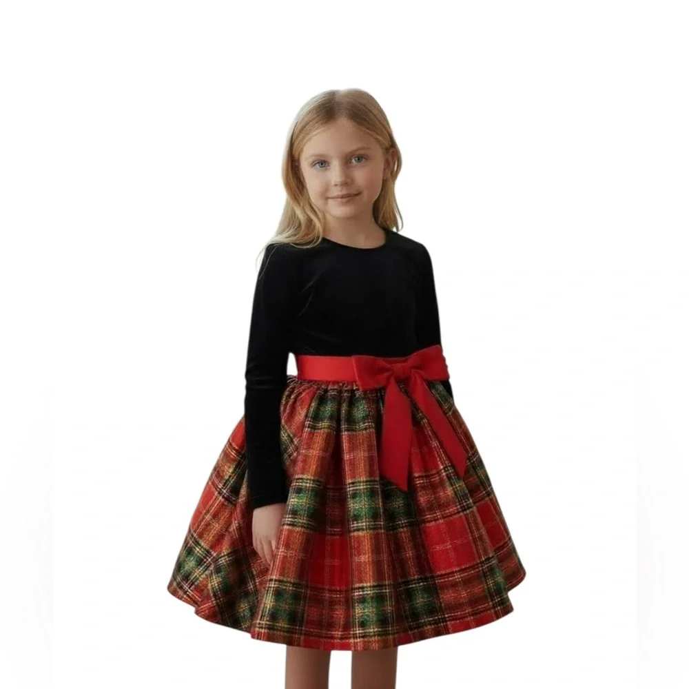 Bonnie Jean Velvet and Crinoline Plaid Long Sleeve Dress Girls Size 6